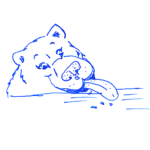 Cartoonish bear licking crumbs of a table