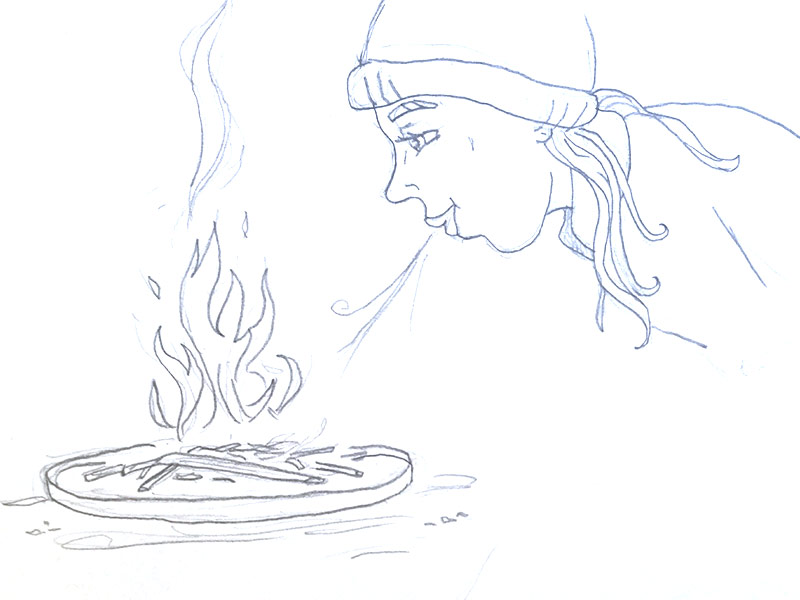 sketch of woman blowing onto a small pan fire